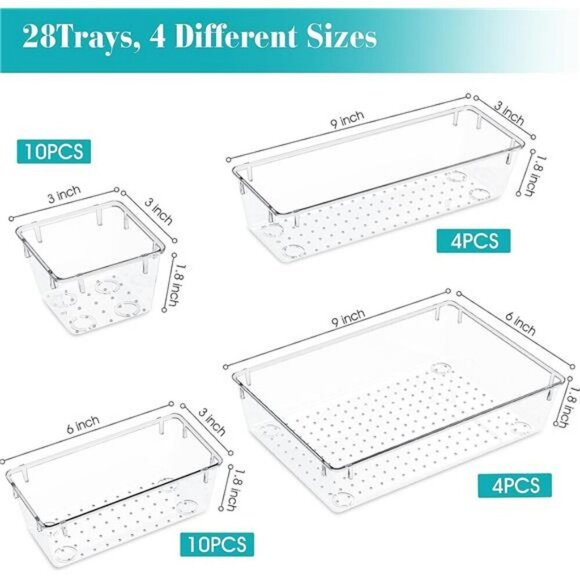 Clear Plastic Drawer Organizer Bins Set for Makeup Kitchen Office Storage - Picture 2 of 7